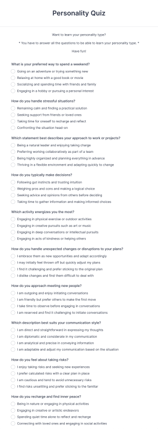 Personality Quiz Template Form Template