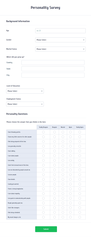 Personality Survey Form Template