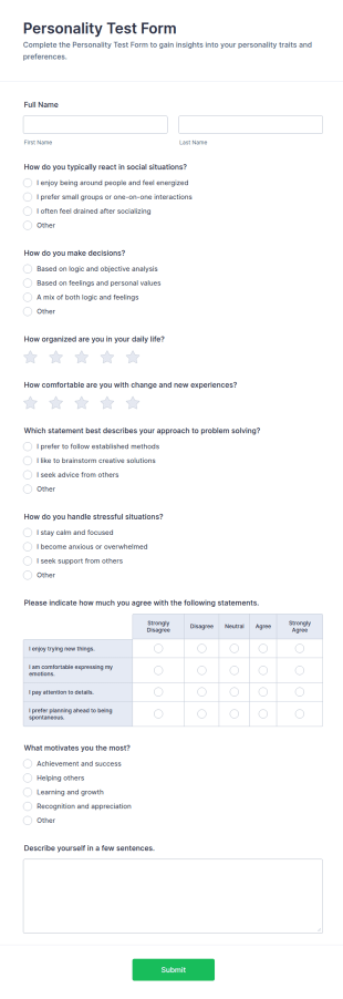 Personality Test Form Template