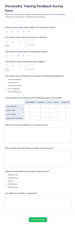 Personality Training Feedback Survey Form Template