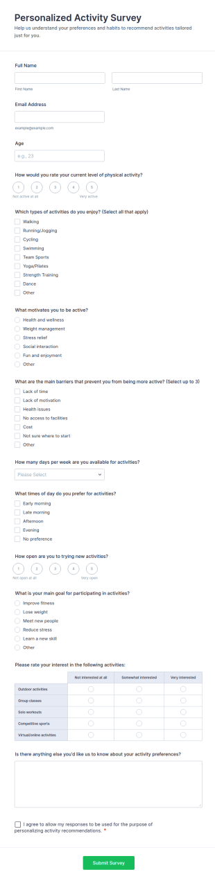 Personalized Activity Survey Form Template