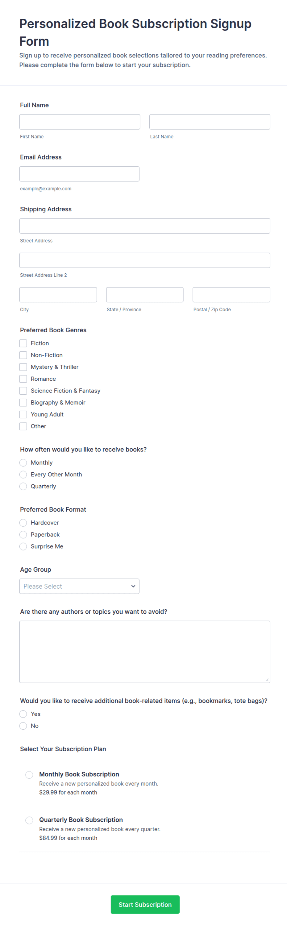 Personalized Book Subscription Signup Form Template | Jotform