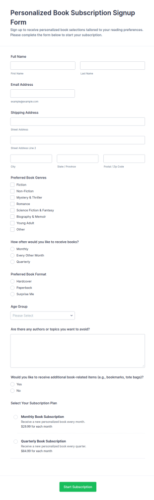 Personalized Book Subscription Signup Form Template