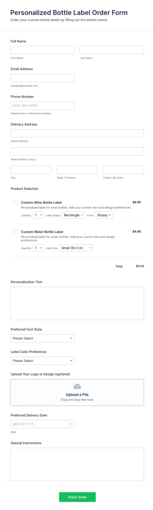 Personalized Bottle Label Order Form Template
