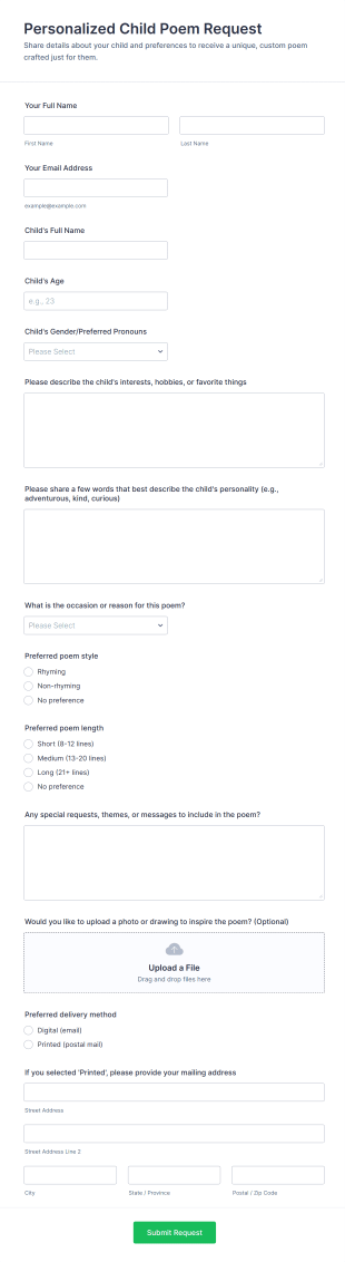 Personalized Child Poem Request Form Template