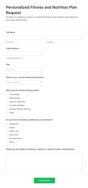 Personalized Fitness And Nutrition Plan Request Form Template