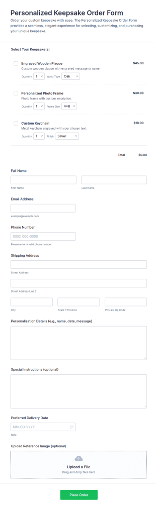 Personalized Keepsake Order Form Template