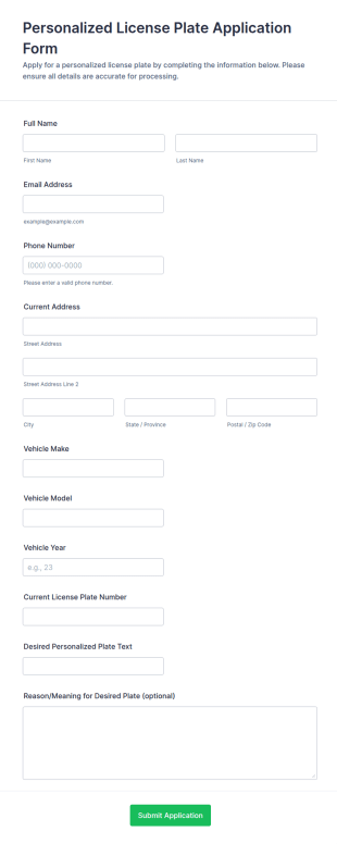 Personalized License Plate Application Form Template