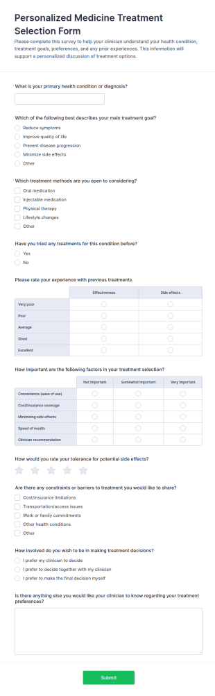Personalized Medicine Treatment Selection Survey Form Template