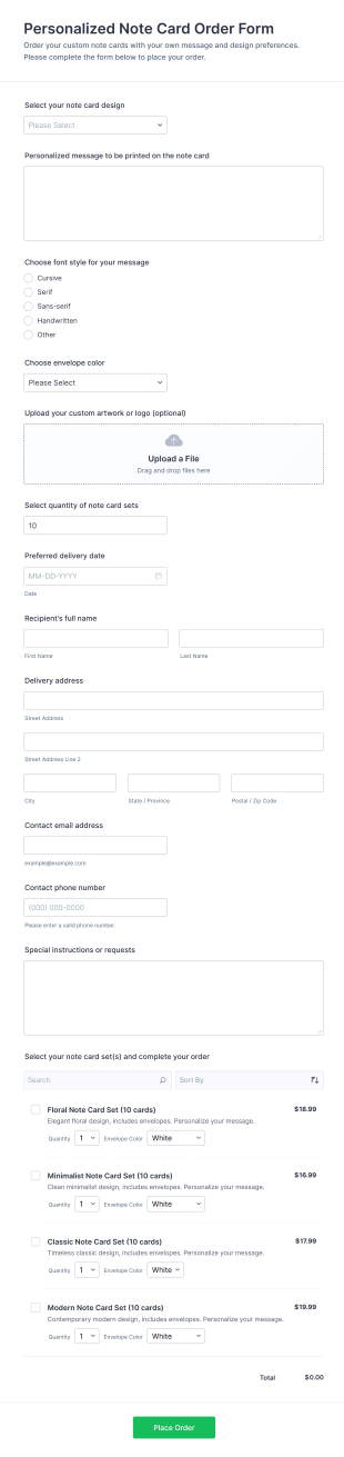 Personalized Note Card Order Form Template