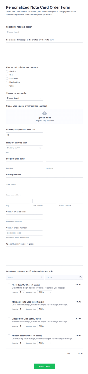 Personalized Note Card Order Form Template