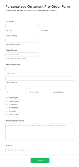 Personalized Ornament Pre Order Form Template