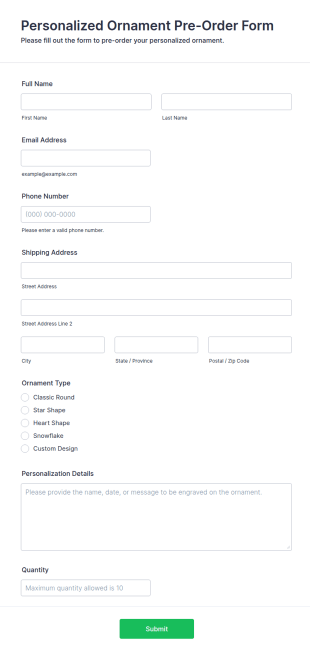 Personalized Ornament Pre Order Form Template