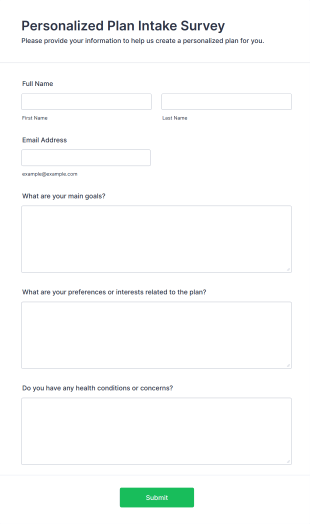 Personalized Plan Intake Survey Form Template