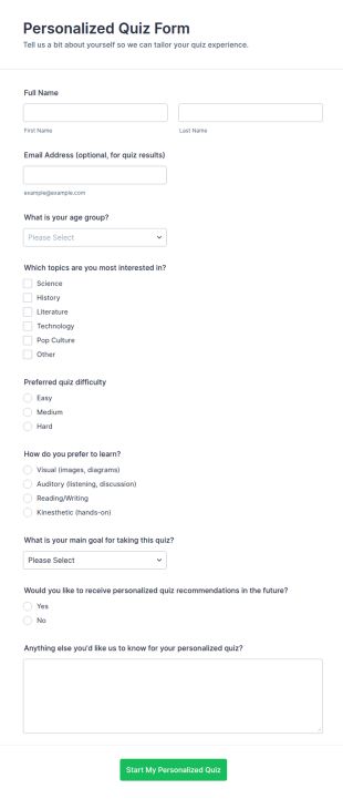 Personalized Quiz Form Template