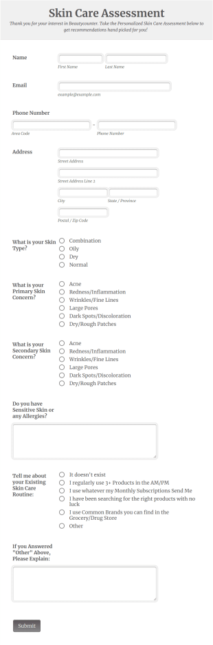 Personalized Skin Care Assessment Form Template