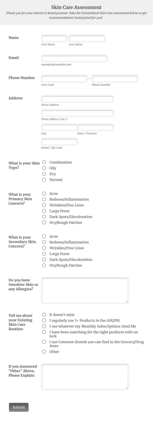 Personalized Skin Care Assessment Form Template