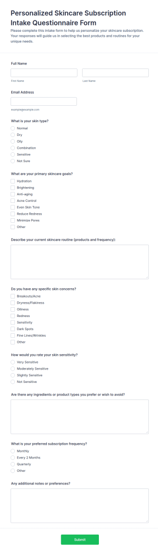 Personalized Skincare Subscription Intake Questionnaire Form Template
