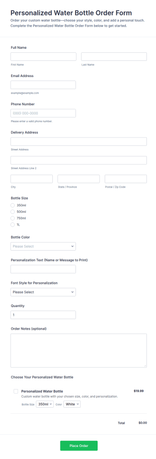 Personalized Water Bottle Order Form Template