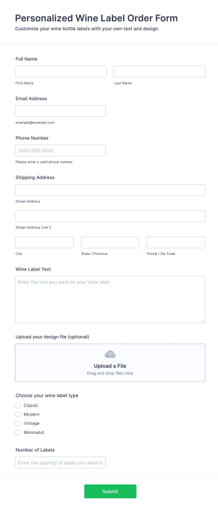 Personalized Wine Label Order Form Template