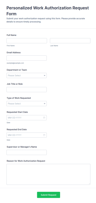 Personalized Work Authorization Request Form Template