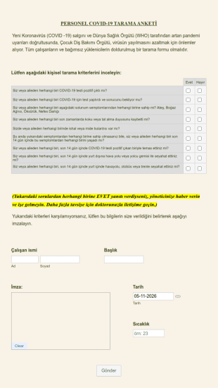 Personel Covıd 19 Tarama Anketi Form Şablonu