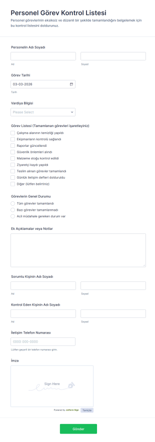 Personel Görev Kontrol Listesi Form Şablonu