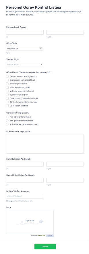 Personel Görev Kontrol Listesi Form Şablonu