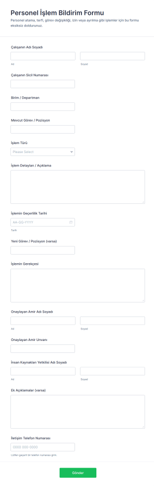 Personel İşlem Bildirim Form Şablonu