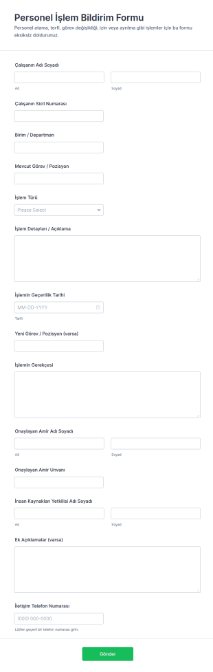 Personel İşlem Bildirim Form Şablonu