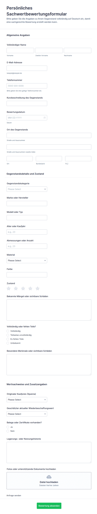 Persönliche Eigentumsbewertung Formular