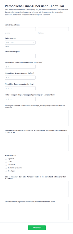 Persönliche Finanzübersicht Fragebogen