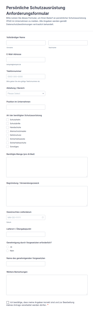 Persönliche Schutzausrüstung Anforderungsformular