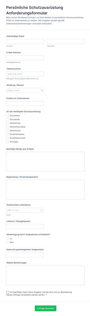 Persönliche Schutzausrüstung Anforderungsformular