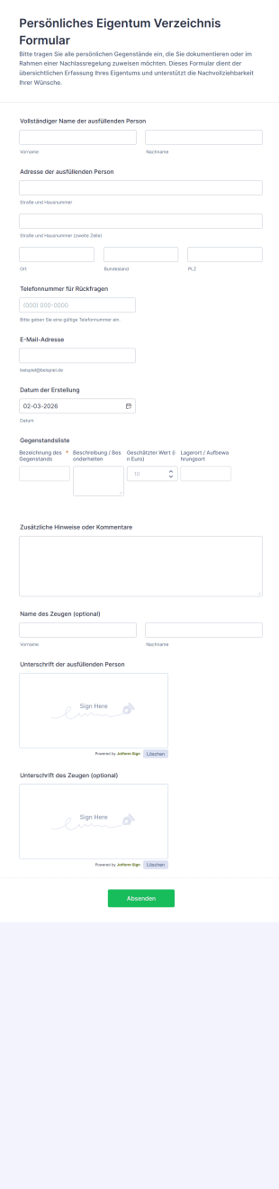 Persönliches Eigentum Verzeichnis Formular