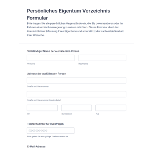 Persönliches Eigentum Verzeichnis Formular