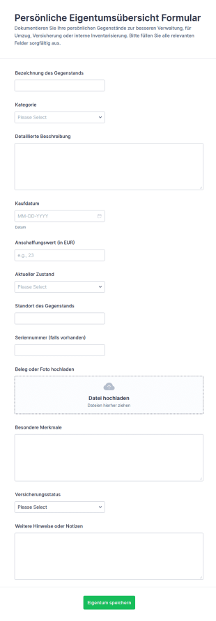 Persönliches Eigentumsinventar Formular