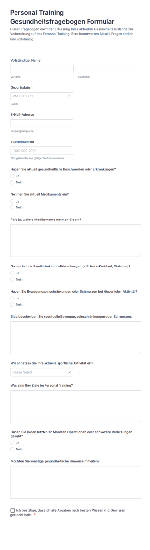 Persönliches Training Par Q Formular
