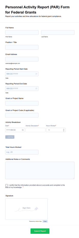 Personnel Activity Report Form For Federal Grants
