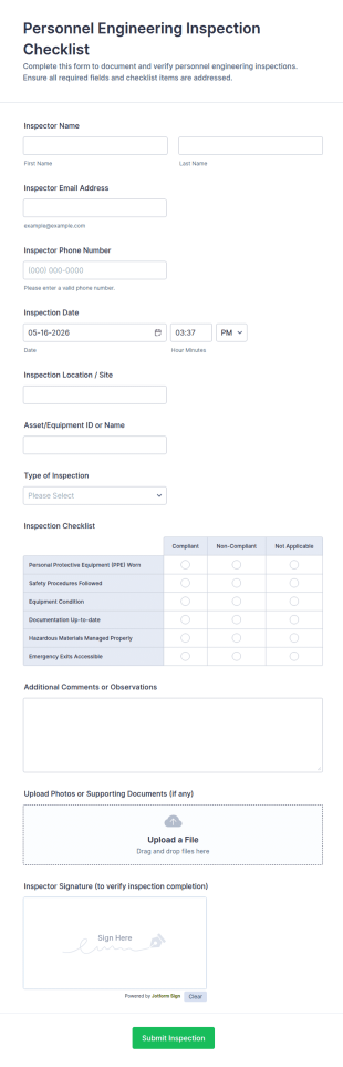 Personnel Engineering Inspection Checklist Form Template