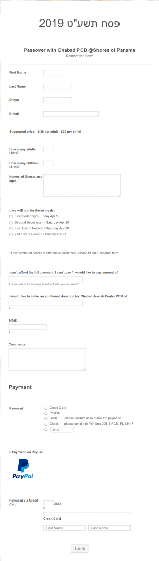 Pesach Seder RSVP Chabad Jewish Center Of Panama City Beach Form Template