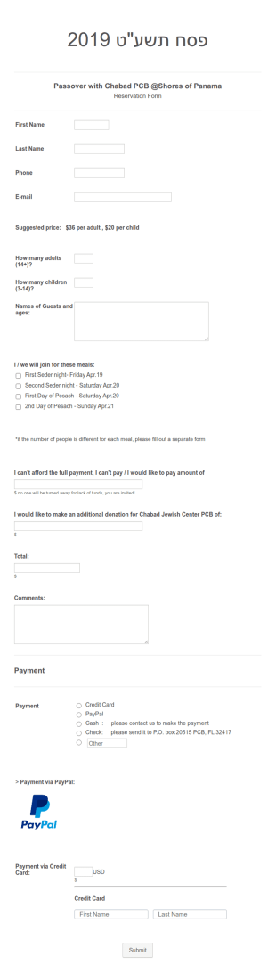 Pesach Seder RSVP Chabad Jewish Center Of Panama City Beach Form Template