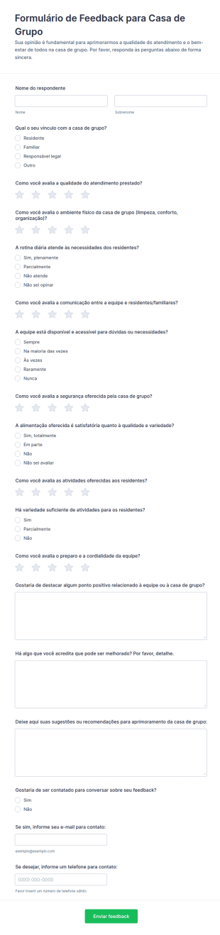 Pesquisa De Feedback Da Casa De Acolhimento