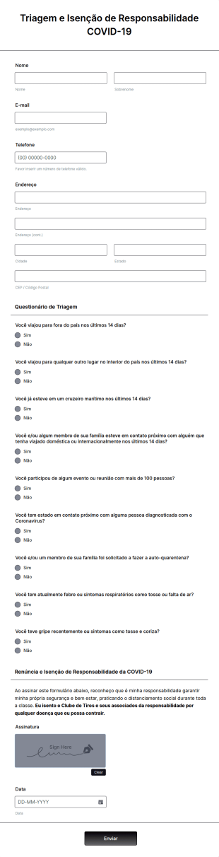 Pesquisa De Triagem E Isenção De Responsabilidade Da COVID 19 Para Escolas De Treinamento De Tiros