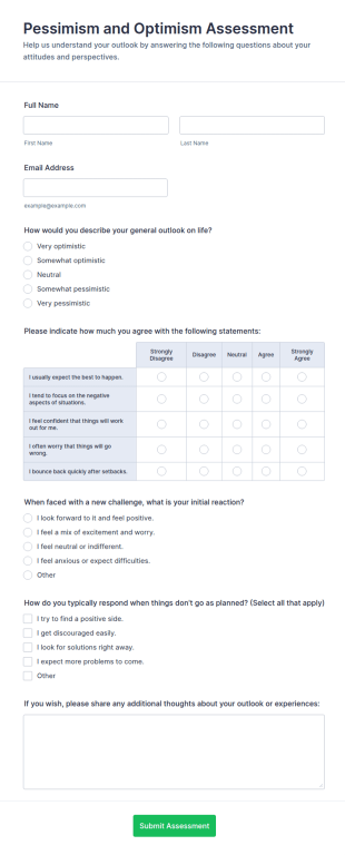 Pessimism And Optimism Assessment Form Template