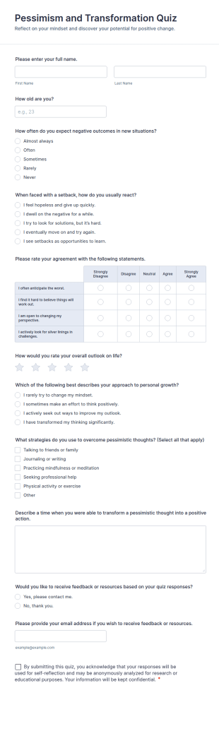 Pessimism And Transformation Quiz Form Template
