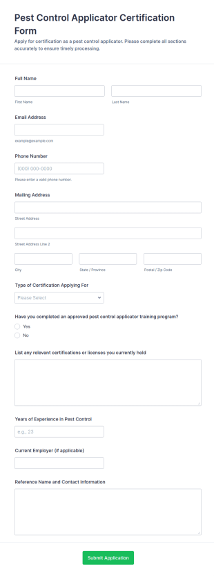 Pest Control Applicator Certification Form Template