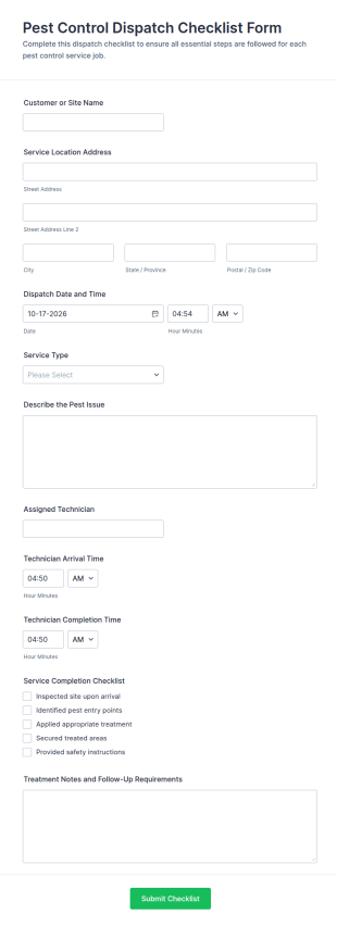 Pest Control Dispatch Checklist Form Template