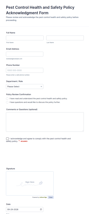Pest Control Health And Safety Policy Acknowledgment Form Template