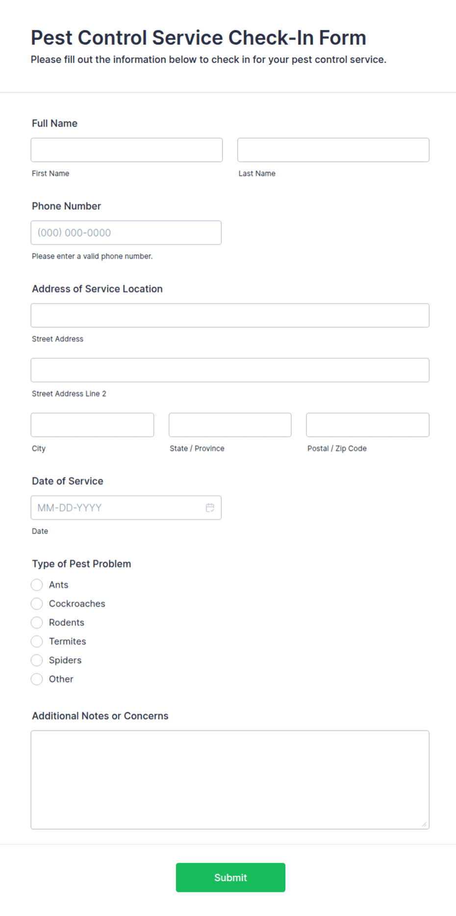 Pest Control Service Check-In Form Template | Jotform